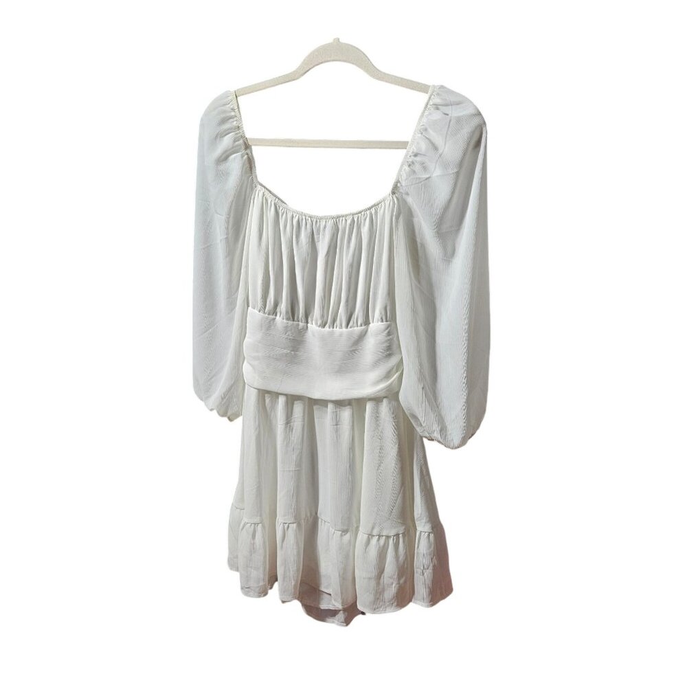 White Boho-Style Long Sleeve Dress With Smocked Waist & Open Back Tie Detail by